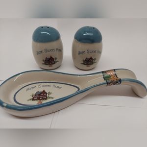VTG cottagecore country kitchen salt pepper shaker spoon rest Home Sweet Home